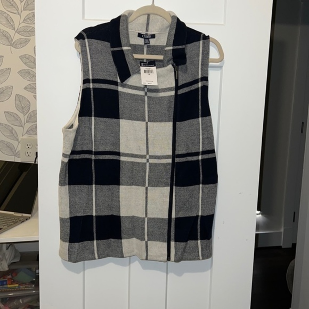 Chaps Navy Blue and Ivory Plaid Asymmetric Full Zip Cotton Sweater 1X